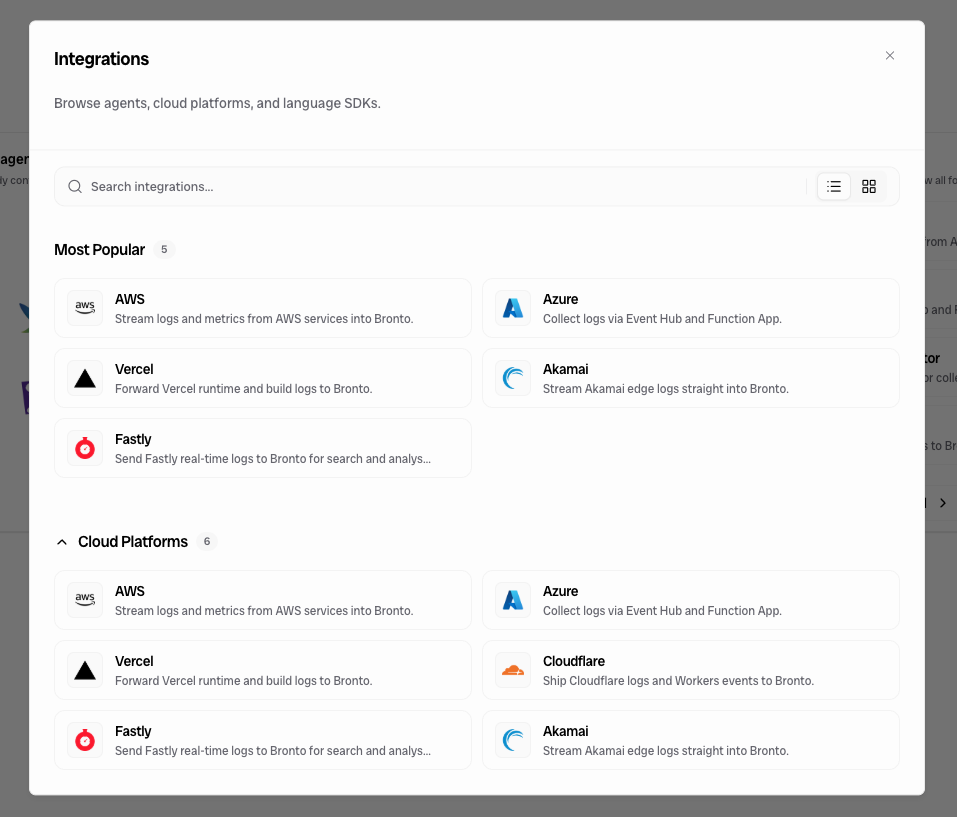 Integrations catalog showing agents, cloud platforms, and language SDKs in Bronto