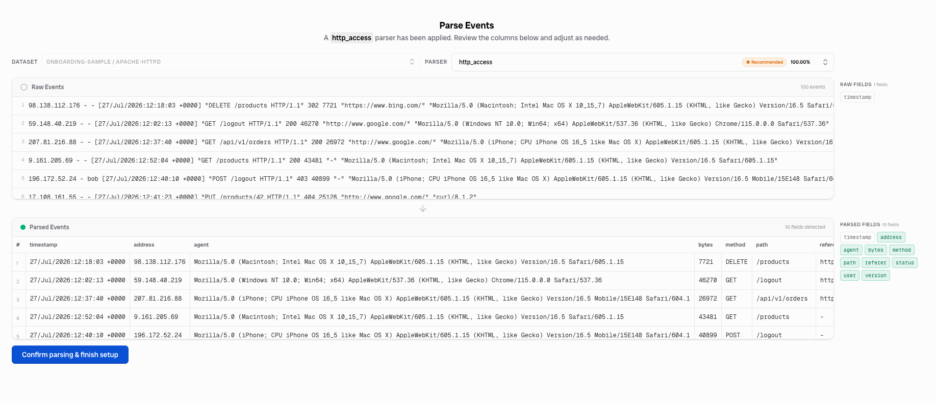 Parse Events screen showing an http_access parser auto-applied to Apache HTTPD logs, with raw events above and parsed fields (timestamp, address, agent, bytes, method, path, referer, status, user, version) below.