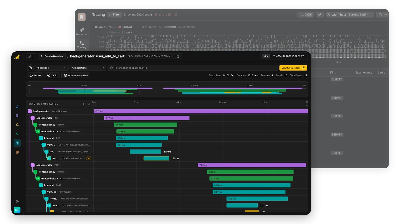 Bronto product UI compared to Dash0