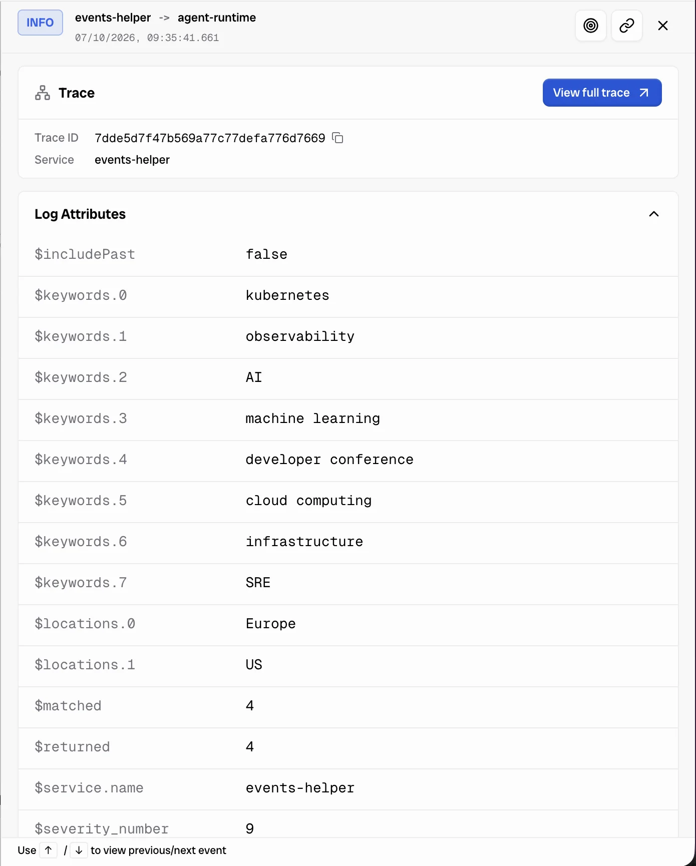Event helper log attributes