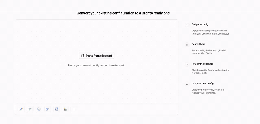 Pasting an existing agent config into Bronto and getting a converted, Bronto-ready version