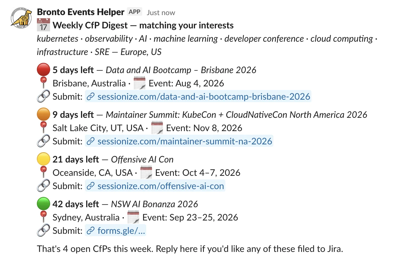 Bronto Events Helper agent slack graphic