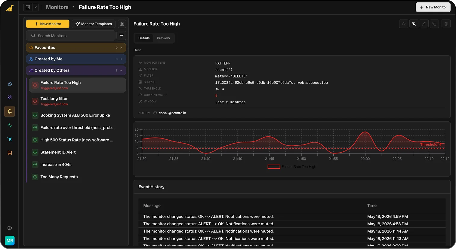 Bronto monitors dark mode screenshot — Intelligent Alerting & Reporting