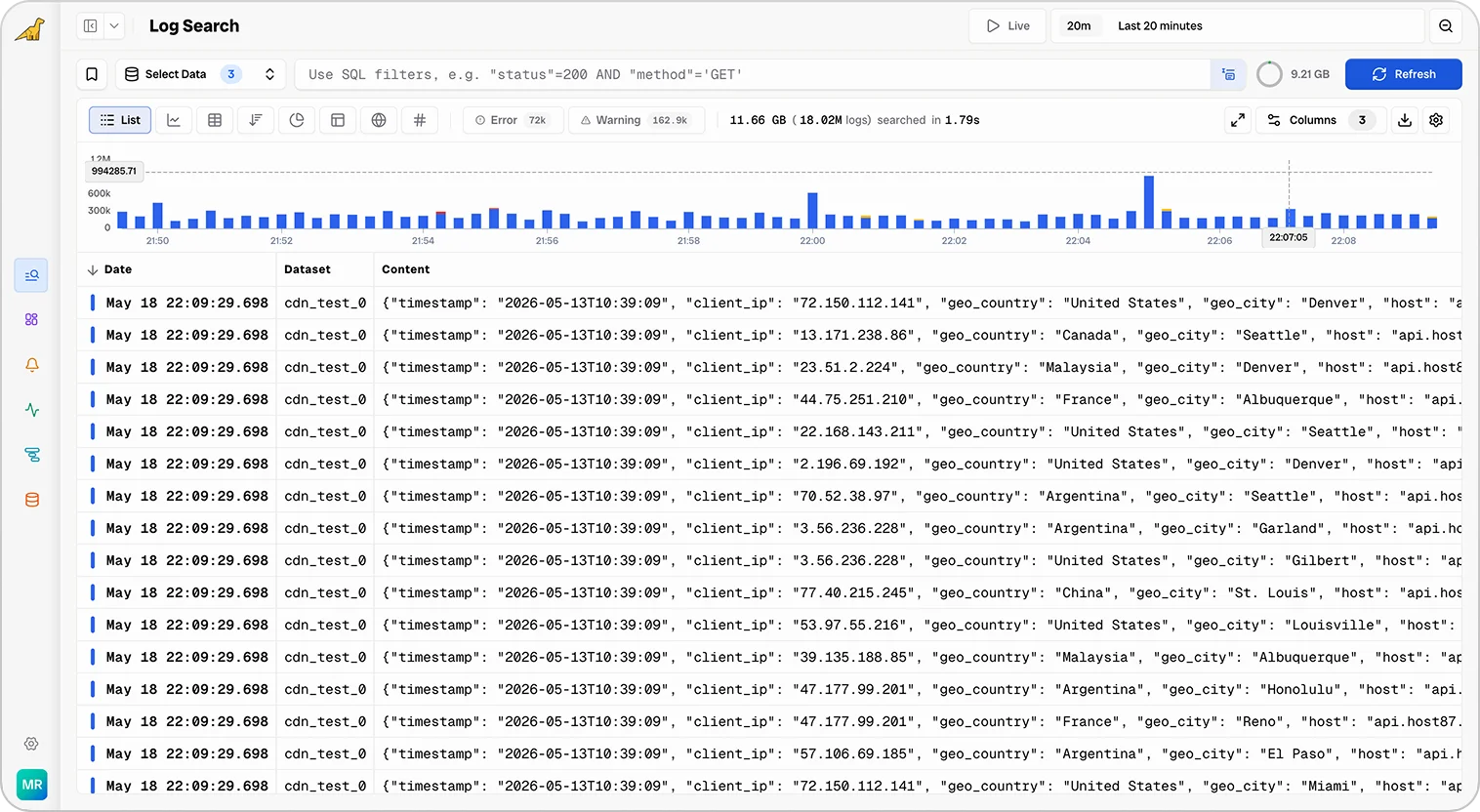 Bronto logs screenshot — Search Your Logs Instantly