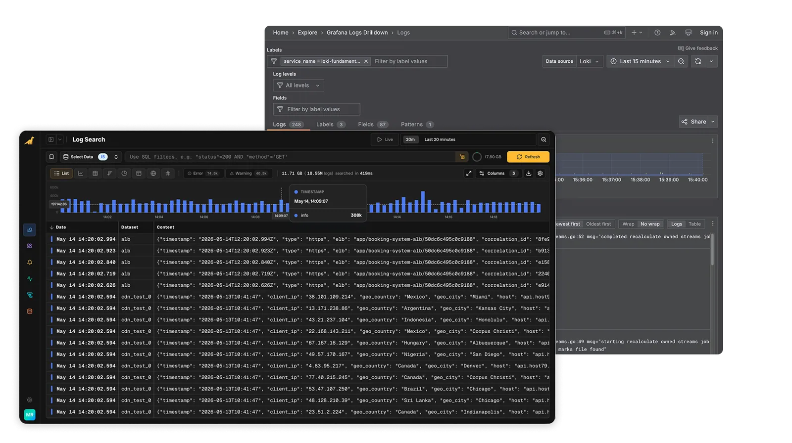 Bronto product UI compared to Grafana Loki