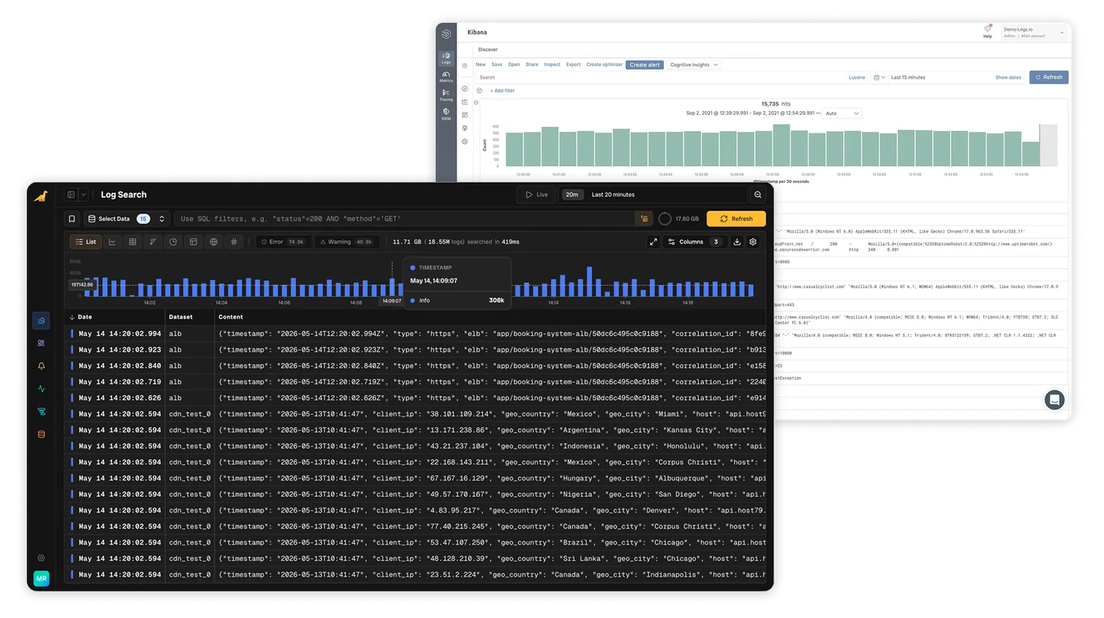 Bronto product UI compared to Logz.io