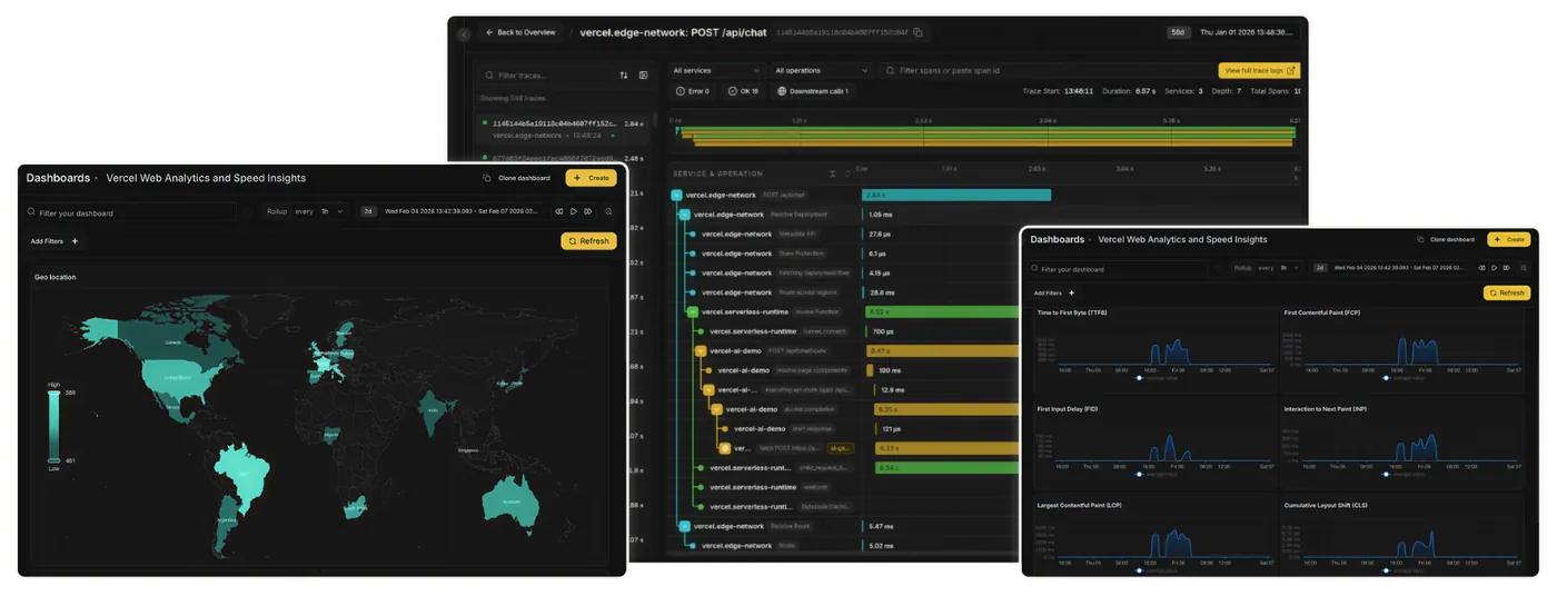 Bronto dashboards showing Vercel traces, Web Analytics, and Speed Insights