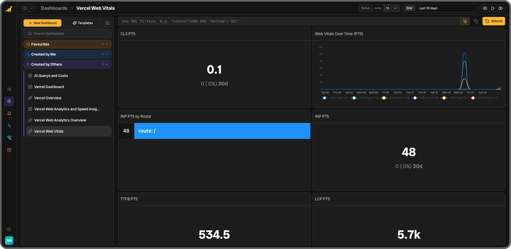 Vercel Web Vitals dashboard preview